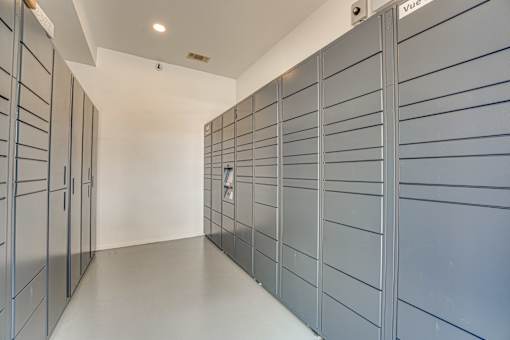 Package locker room with secure storage units at Vue Live Oak Apartments, Dallas, Texas