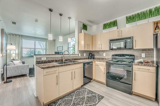 Open concept kitchen with granite countertops and island at Vue Live Oak Apartments, Dallas