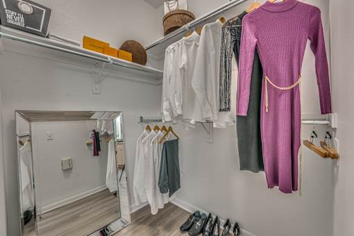 Walk-in closet with organized shelving and hanging storage at Vue Live Oak Apartments, Dallas, Texas