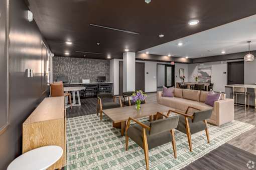 A modern living room with a green and white checkered floor.