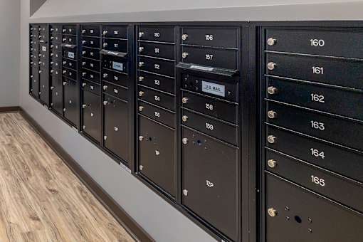 A row of black mailboxes with numbers 156 to 165.