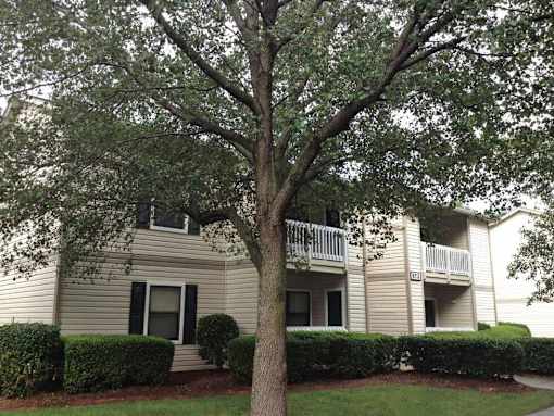 A tree in front of a building with a balcony.