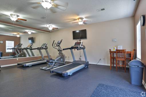 A spacious gym with treadmills, elliptical machines, and a television.
