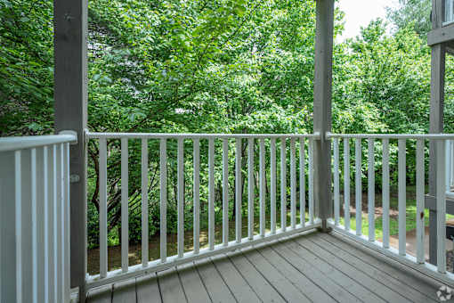 A white railing on a wooden deck overlooks a green forest.