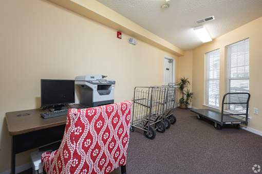 A room with a desk, a chair with a red pattern, a printer, a small plant, and two shopping carts.