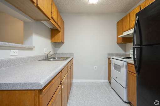 A kitchen with a black refrigerator, white sink, and wooden cabinets.