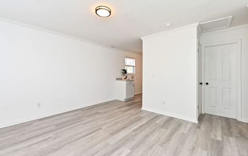 A room with a white door and a window with a plant on the windowsill.