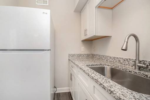 A kitchen with a white fridge and a granite counter top.