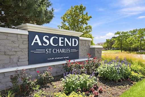 A stone sign that says Ascend St Charles in front of a field of flowers.