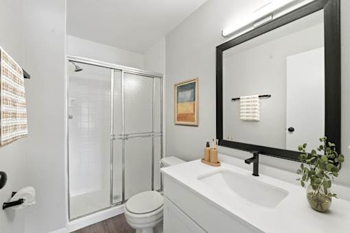 A bathroom with a white sink, toilet, and a glass shower stall.