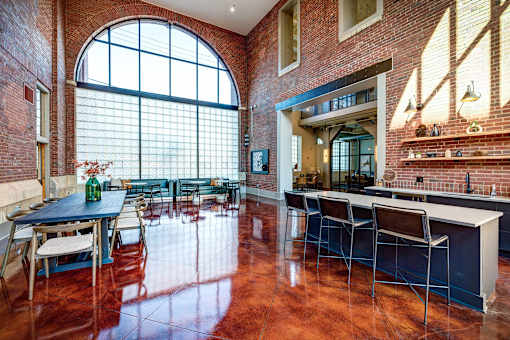 resident kitchen and dining table in the Ovaltine Court clubroom