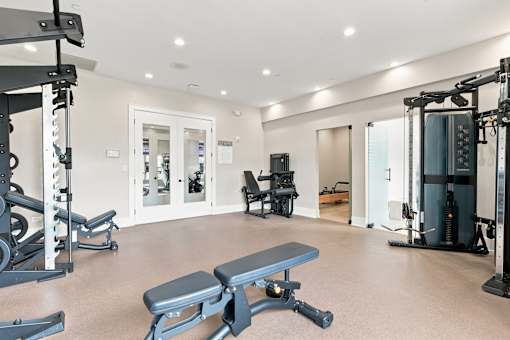 A spacious gym with a variety of equipment including a squat rack, a bench, and a weight machine.