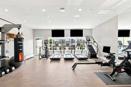 A gym with a variety of equipment including treadmills, stationary bikes, and weight machines.