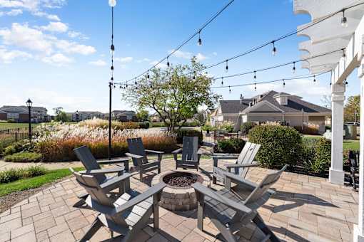 A patio with chairs and a fire pit.