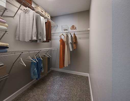 A walk in closet with clothes hanging on shelves.
