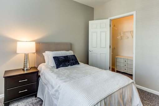 a bedroom with a bed and a closet