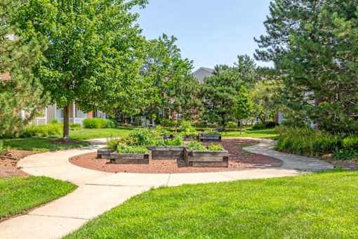 a sidewalk leading to a park with trees and benches