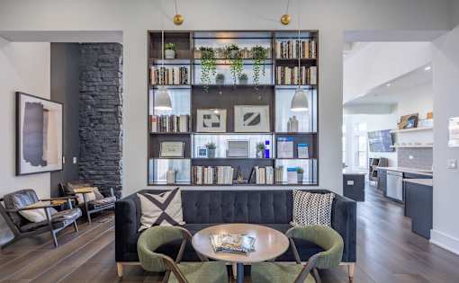 a living room with a couch and a table