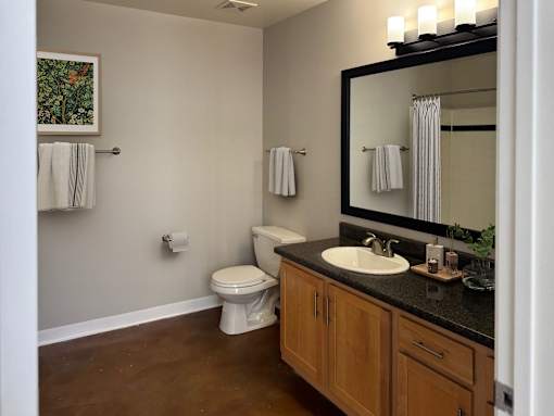 A bathroom with a toilet, sink, and mirror.