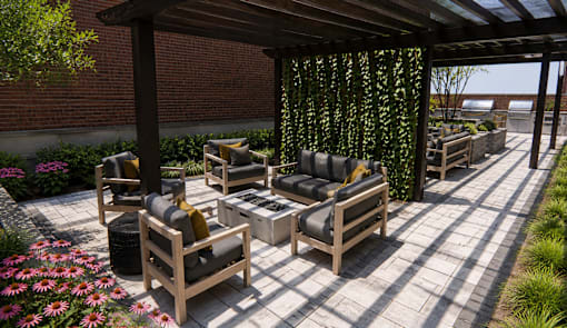 A wooden patio furniture set is placed on a tiled floor.