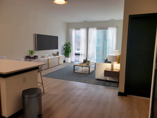 Living room with ample light and tv and couch