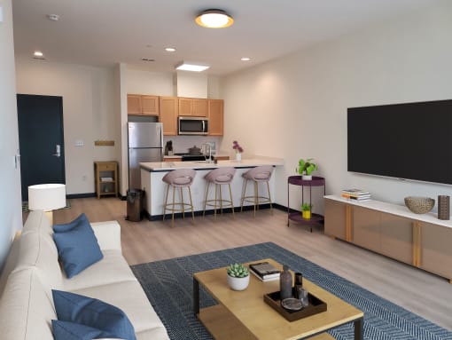 Living room and kitchen area with breakfast bar
