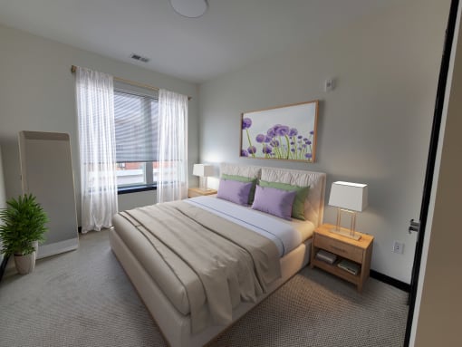 bedroom with queen bed plant and mirror next to a large window