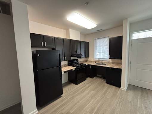 A kitchen with black appliances and cabinets.