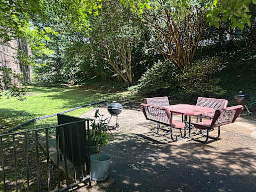 A patio with a table and chairs and a grill.