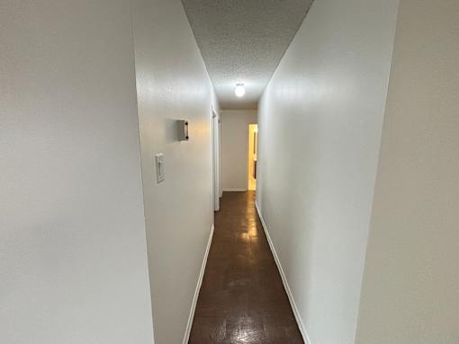 A long hallway with a light on the ceiling and a door at the end.