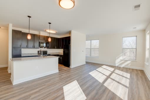 kitchen with spacious living room
