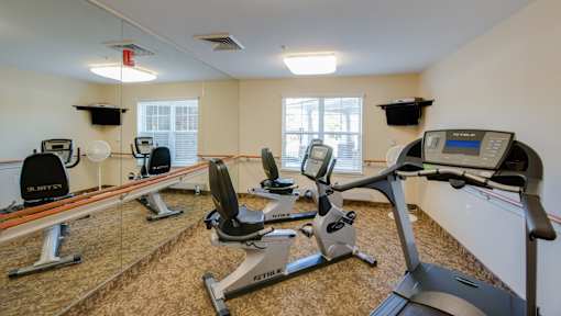 A gym with treadmills, elliptical machines, and exercise bikes.