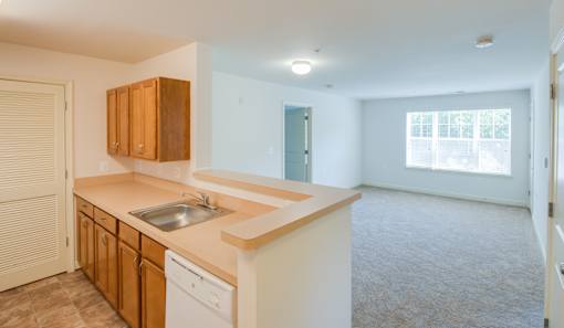 A kitchen with wooden cabinets and a white dishwasher.