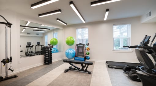 a gym with exercise equipment and mirrors at the preserve at greatstone