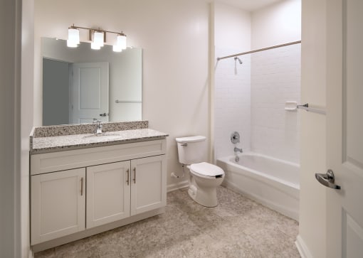 a bathroom with a shower toilet and sink and a mirror