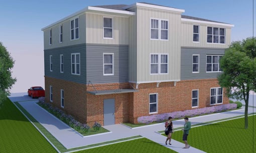 RiverWatch II Apartment rendering with two people standing on sidewalk