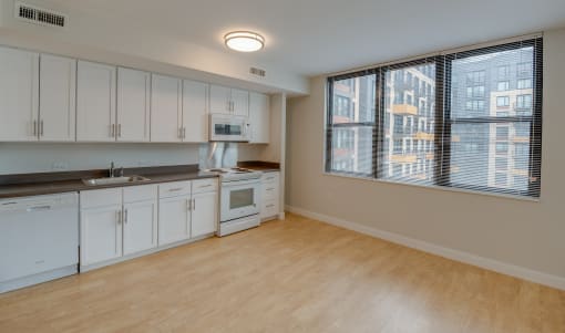 studio interior with kitchen