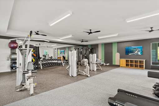 A spacious gym with a variety of equipment including treadmills, weights, and exercise machines.