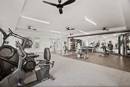 Resident fitness center featuring cardio and strength-training equipment in a modern, spacious workout environment.