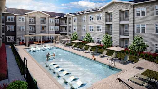 A swimming pool with people in it and chairs around it.