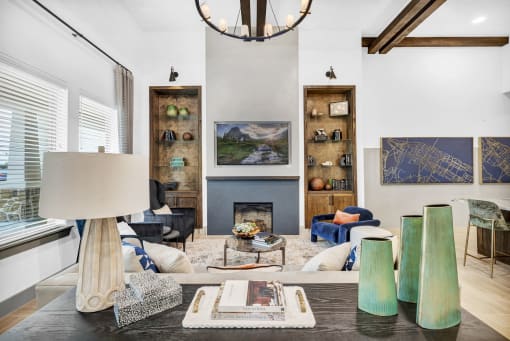 a  room with a fireplace