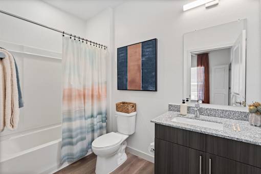 Modern bathroom at The Esther apartments with dark wood vanity, mirror, toilet and shower.