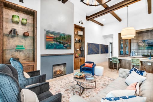 a room with a fireplace