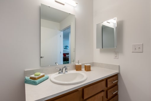 a bathroom with a sink and a mirror and a towel rack