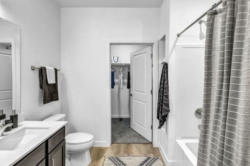 a bathroom with a shower and a sink and a toilet