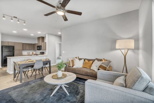 a living room with a couch and a table