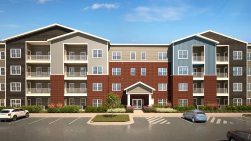 an architectural rendering of an apartment building with cars in a parking lot