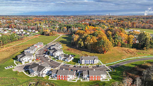 A bird's eye view of a residential area with houses and trees.