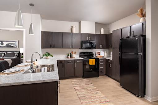 Modern apartment kitchen with dark cabinetry, black appliances, and pendant lighting, featuring an island countertop with double sink and bar seating.