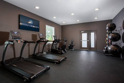 Fully equipped fitness studio featuring premium cardio machines, strength equipment, and a mirrored training area in a sleek, modern setting.
